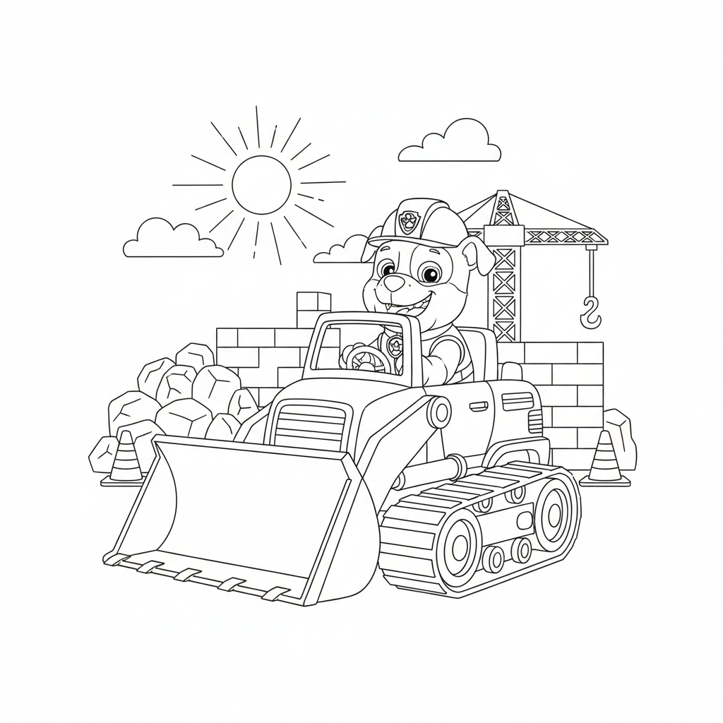 Rubble the English Bulldog driving his construction vehicle