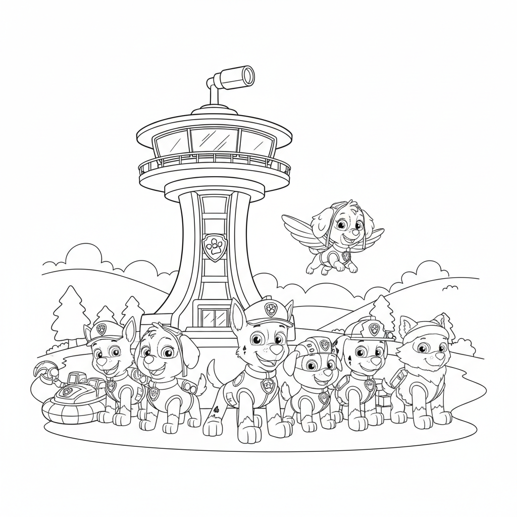 All the Paw Patrol pups gathered around the Lookout Tower
