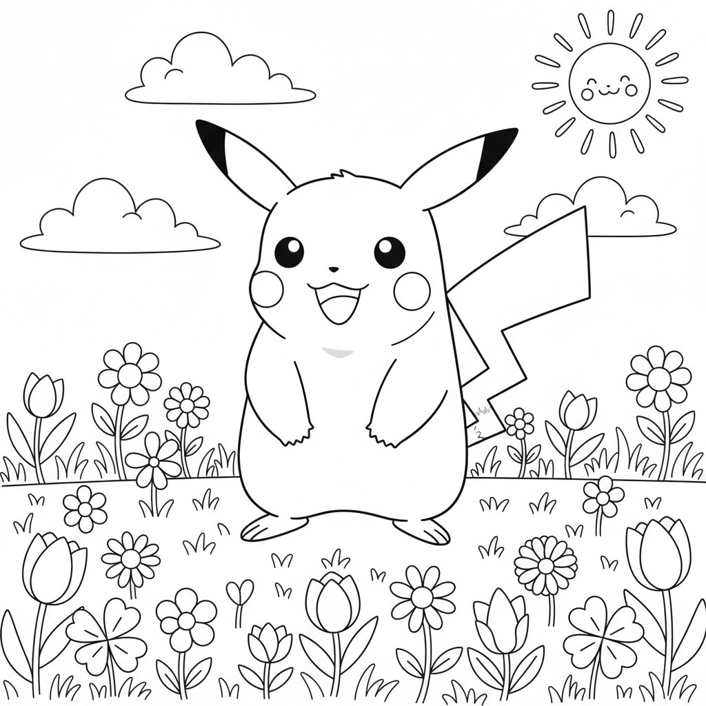 Pikachu standing in a meadow with flowers, cute cartoon style