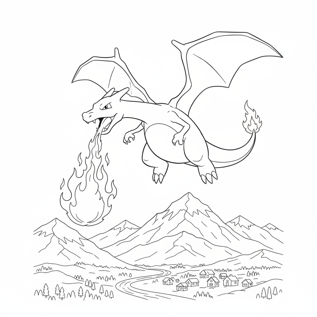 Charizard breathing fire while flying over mountains