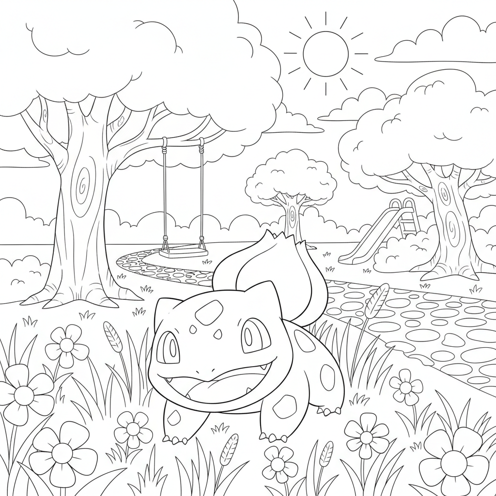Bulbasaur playing in a park with a big smile