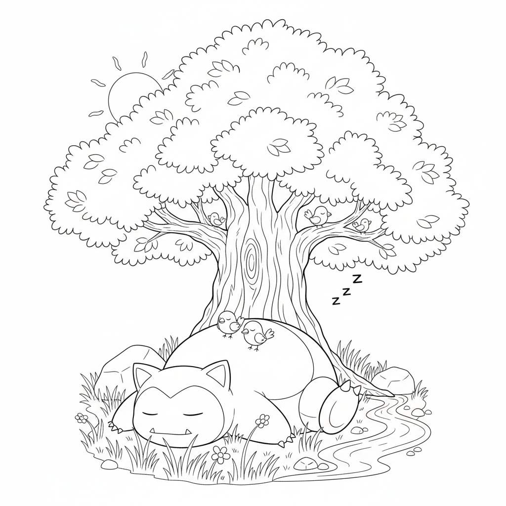 Snorlax sleeping under a big tree with birds on its belly