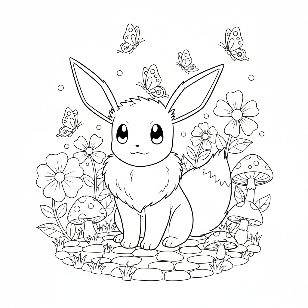Eevee sitting in a garden surrounded by butterflies
