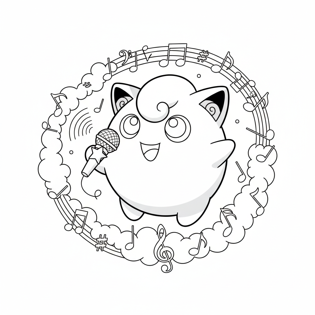 Jigglypuff singing with musical notes around it