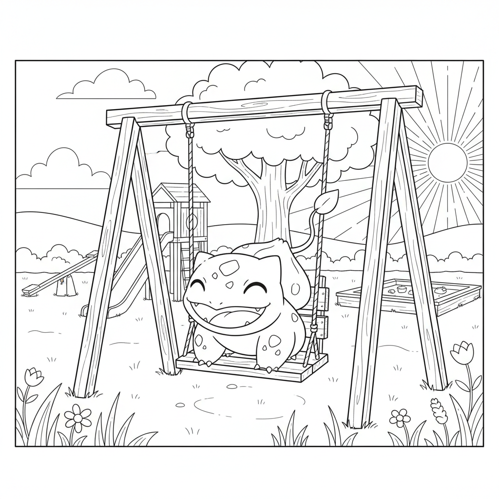 Bulbasaur playing in a park with a big smile