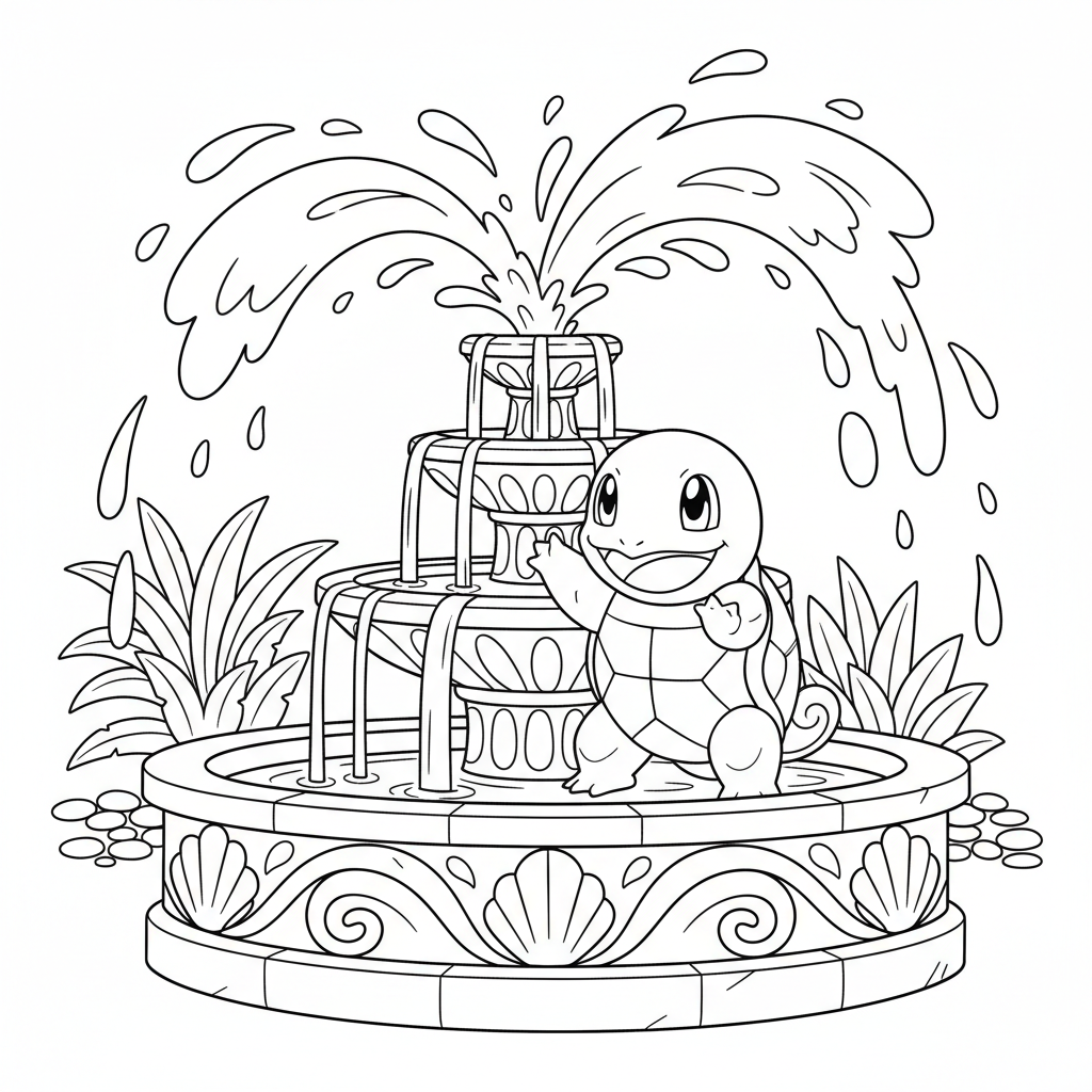 Squirtle playing in a fountain splashing water