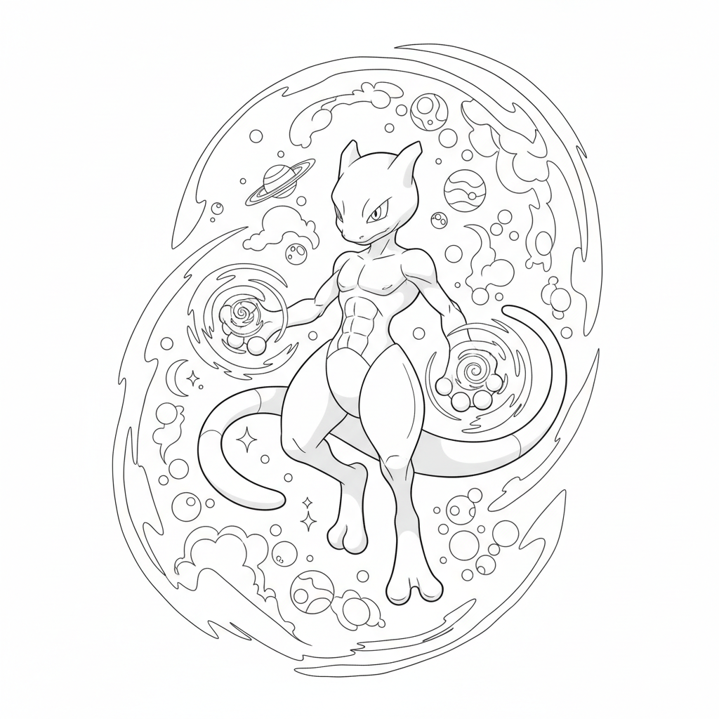 Mewtwo floating in space with psychic energy