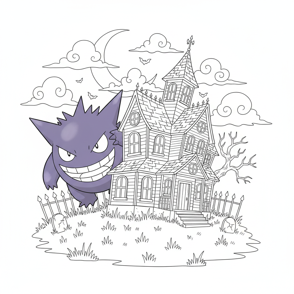 Gengar hiding behind a haunted house at night