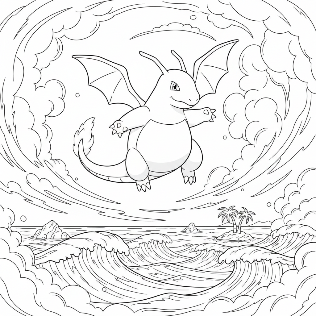 Dragonite flying through clouds over the ocean