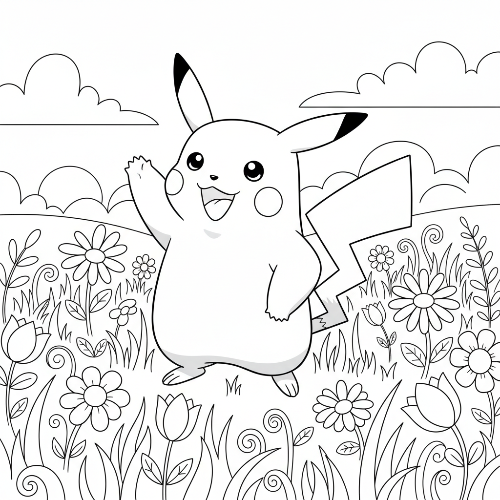Pikachu standing in a meadow with flowers, cute cartoon style