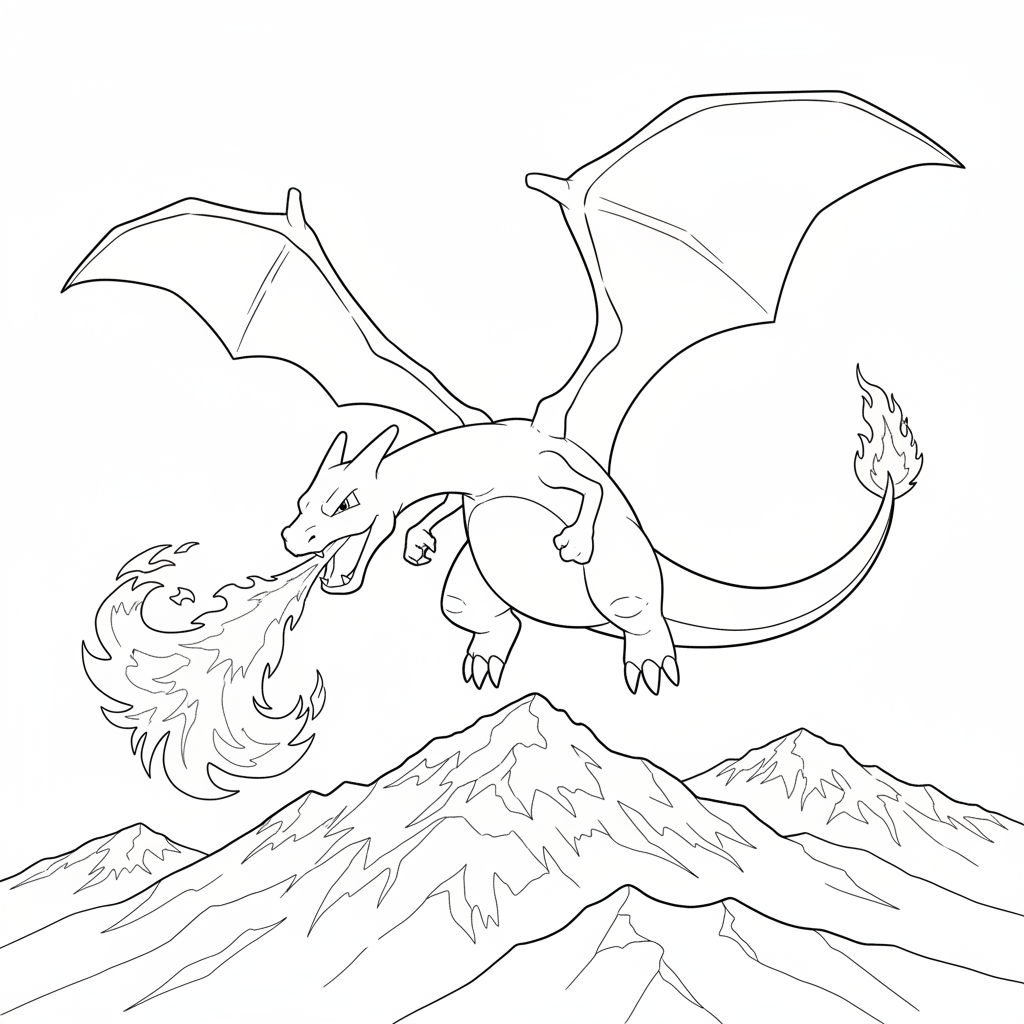 Charizard breathing fire while flying over mountains
