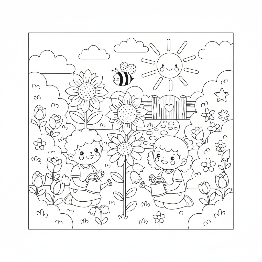 A cute preschool scene in a garden with flowers and sunshine