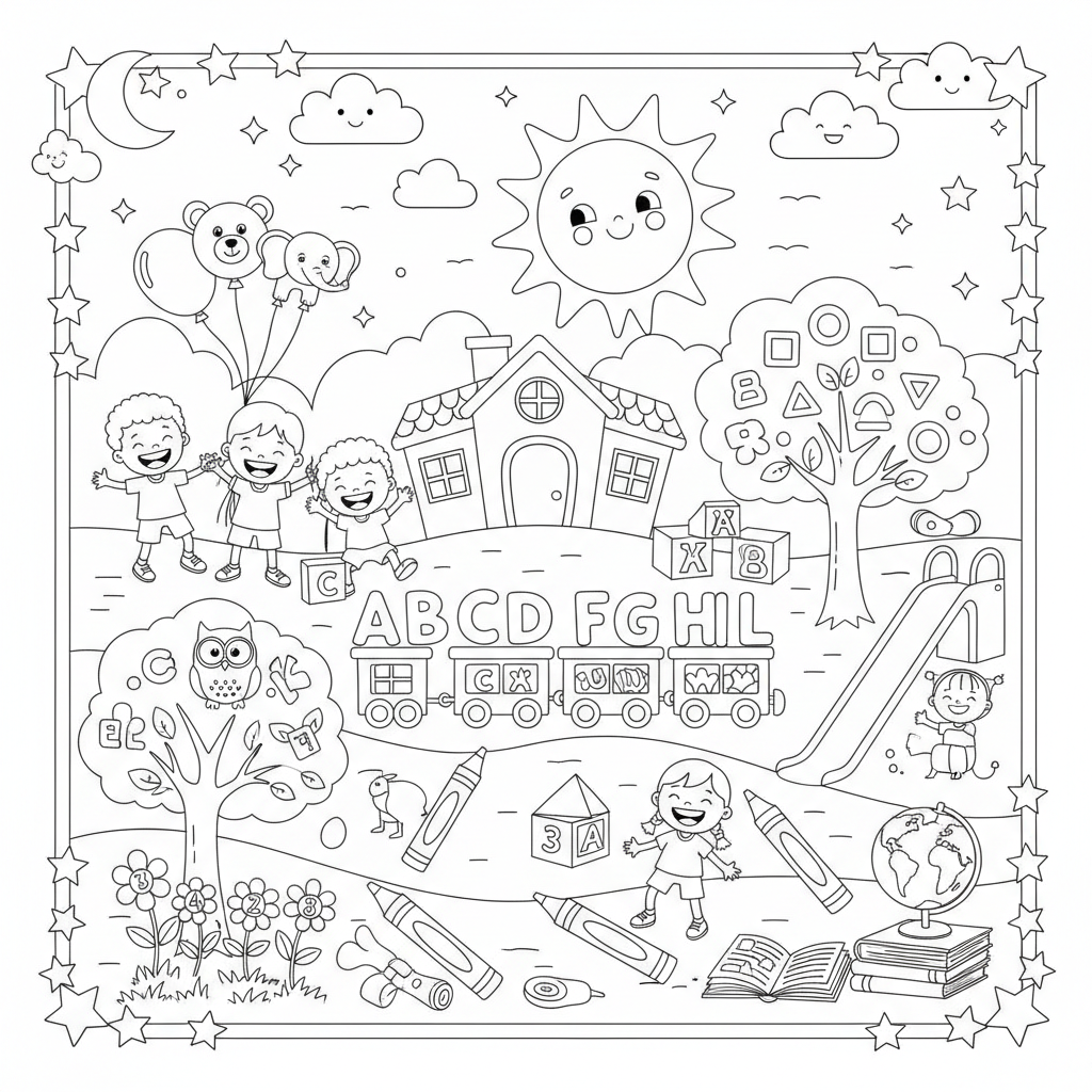 A playful preschool themed scene with fun details and decorations