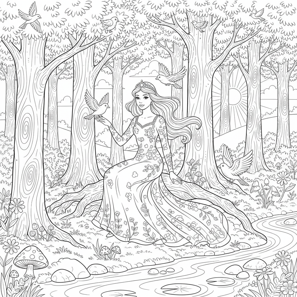 A peaceful princess scene in nature with trees and birds