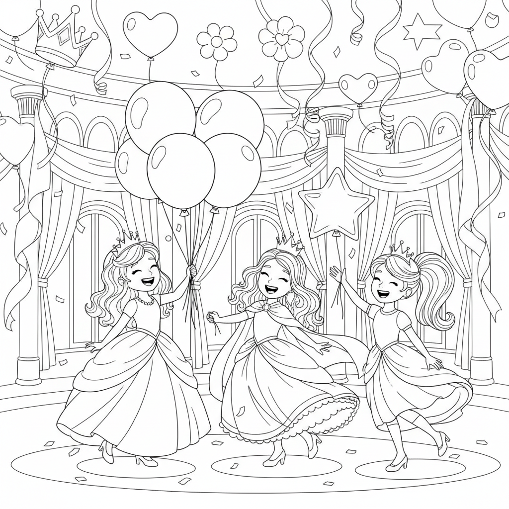 A fun princess party scene with balloons and streamers