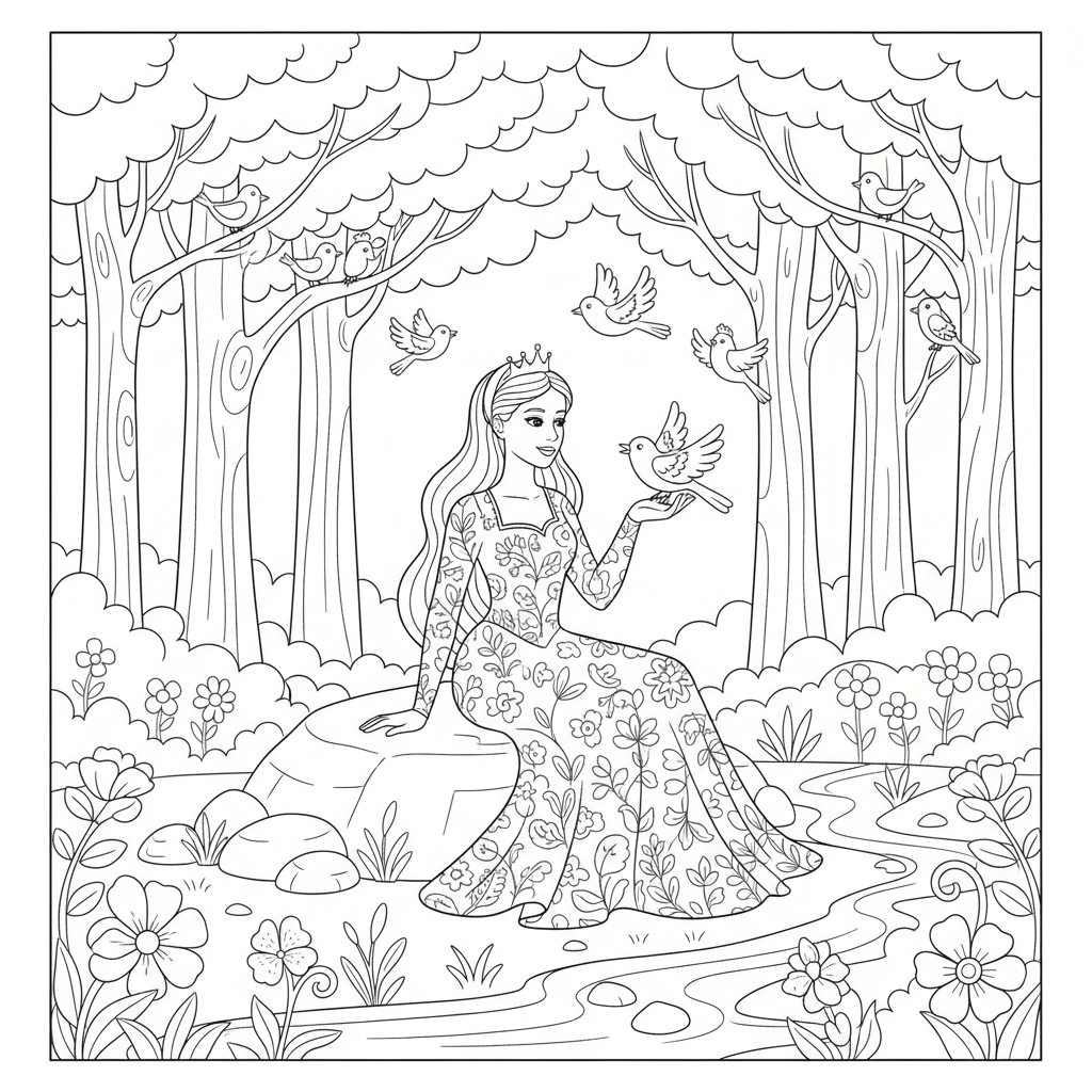 A peaceful princess scene in nature with trees and birds