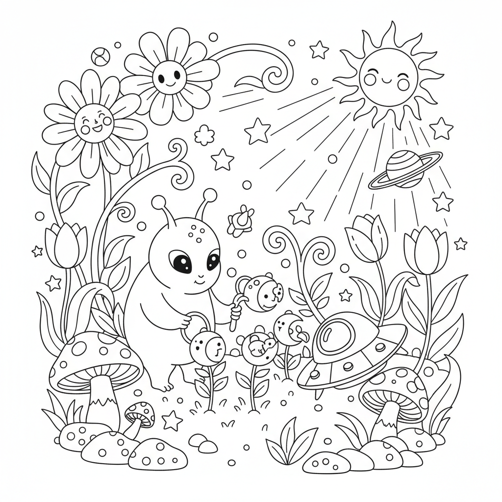A cute space scene in a garden with flowers and sunshine