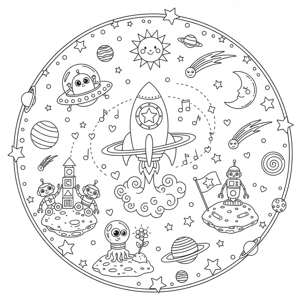 A playful space themed scene with fun details and decorations