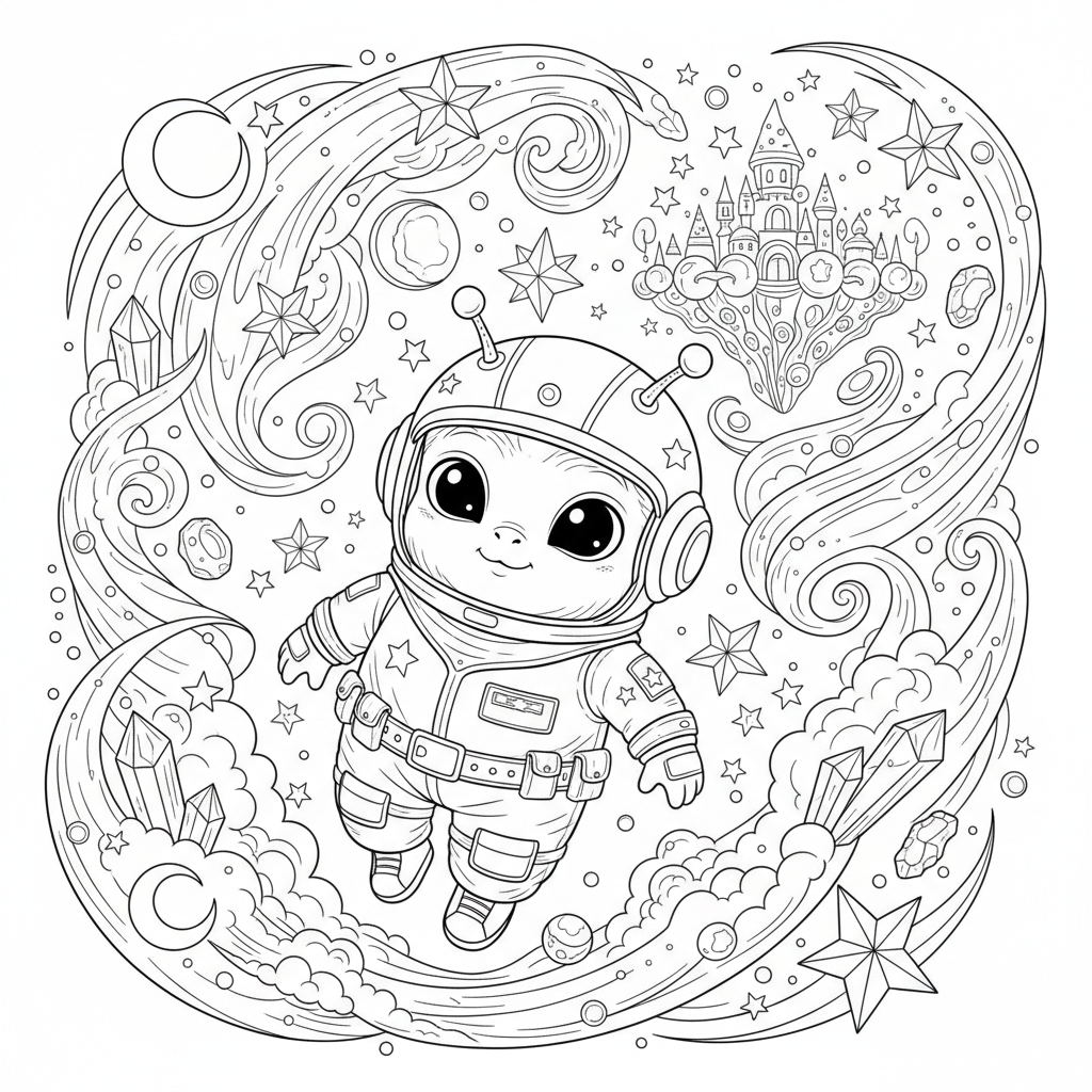 An adorable space character in a magical setting with stars
