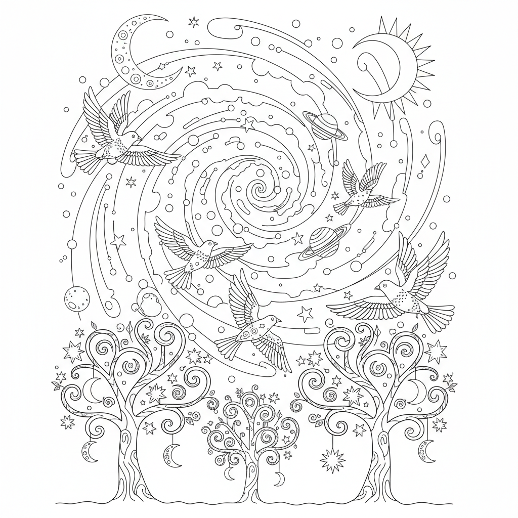 A peaceful space scene in nature with trees and birds