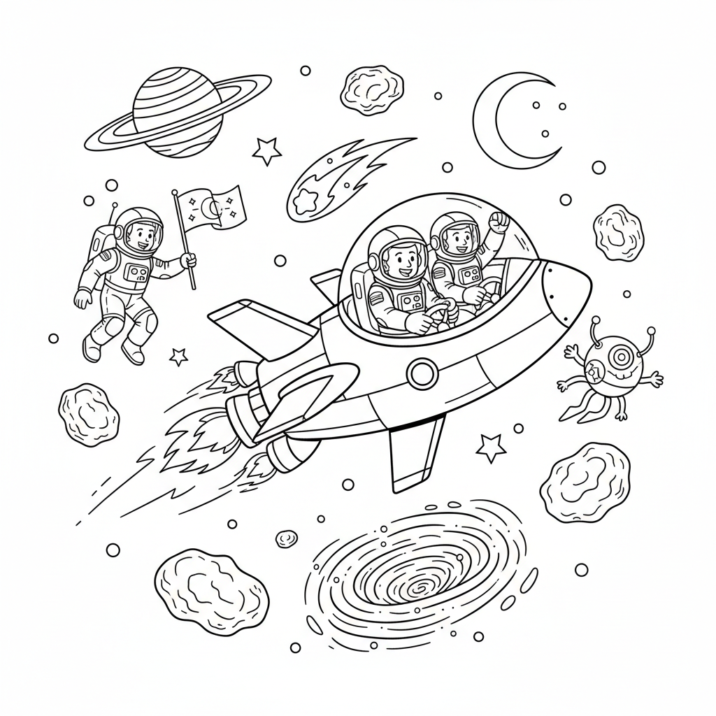 A space adventure scene with excitement and movement