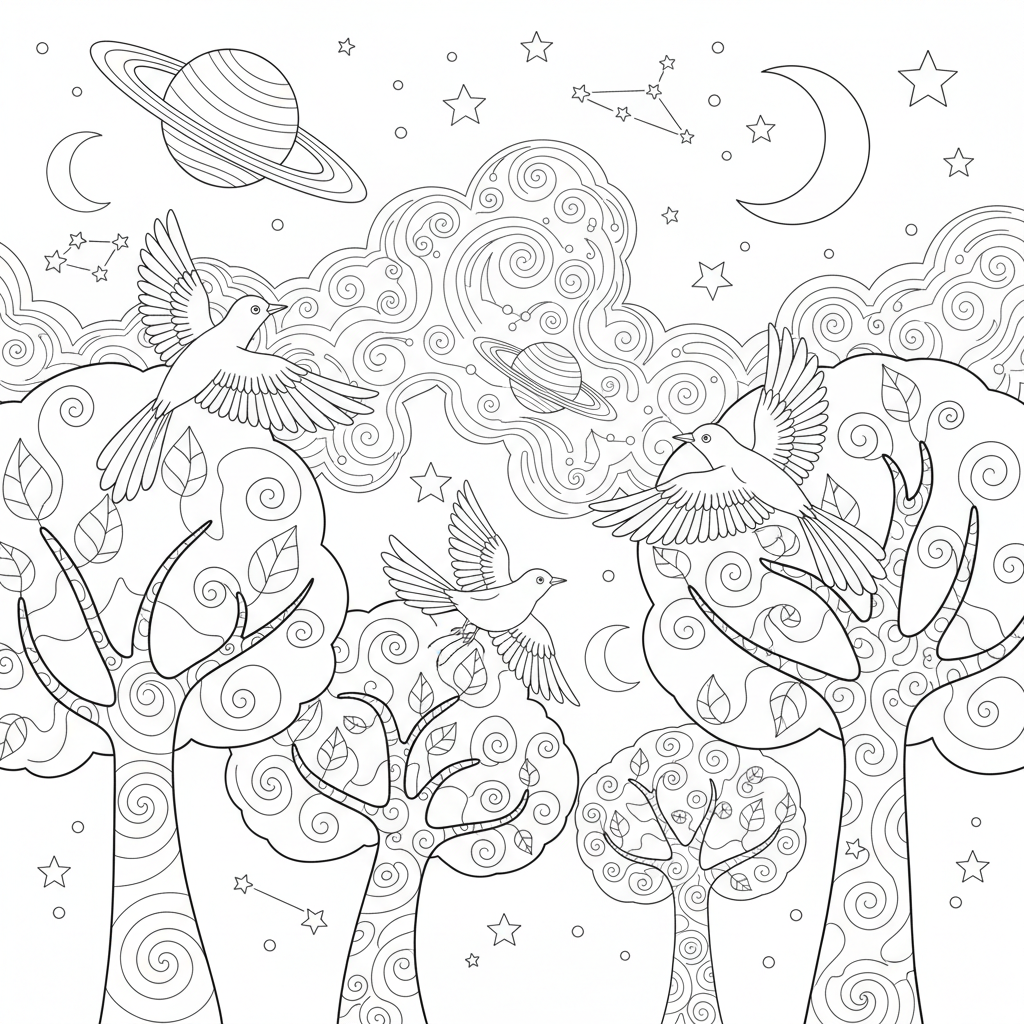 A peaceful space scene in nature with trees and birds