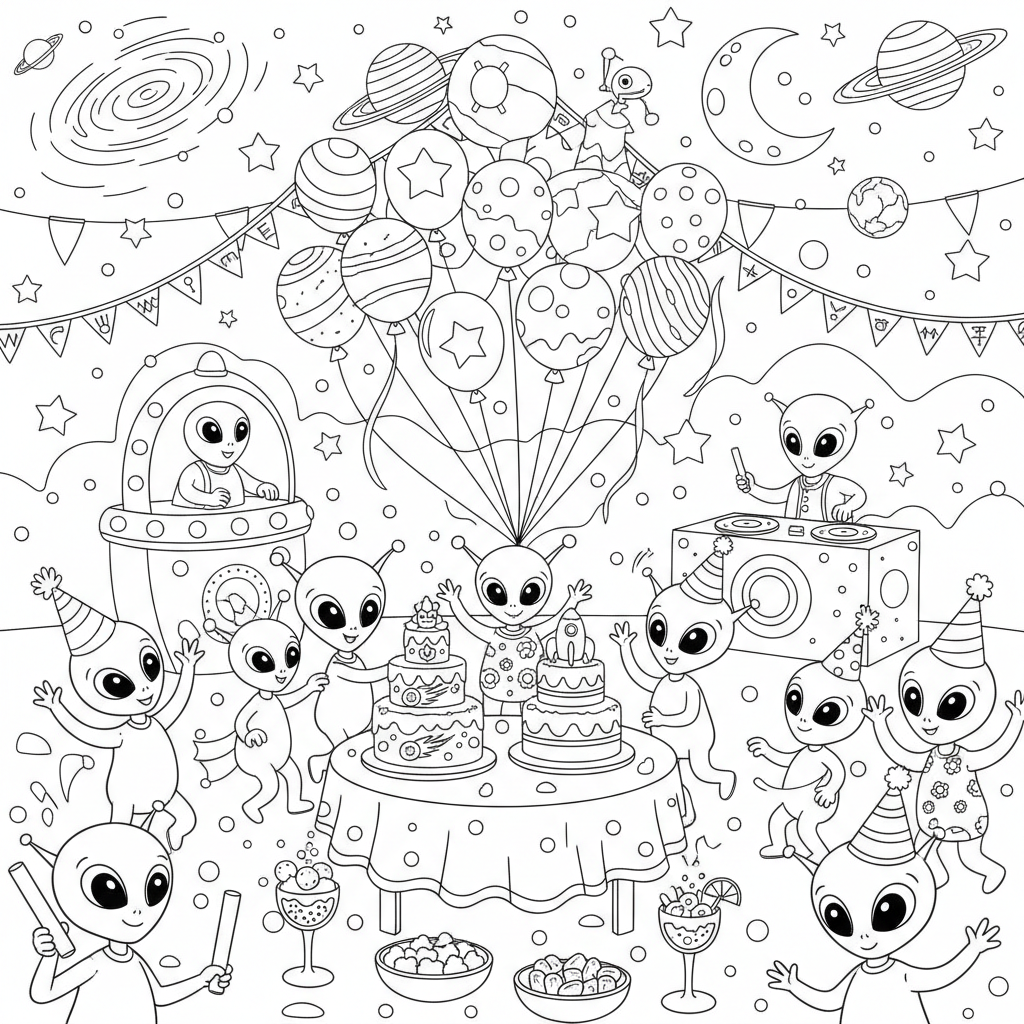 A fun space party scene with balloons and streamers