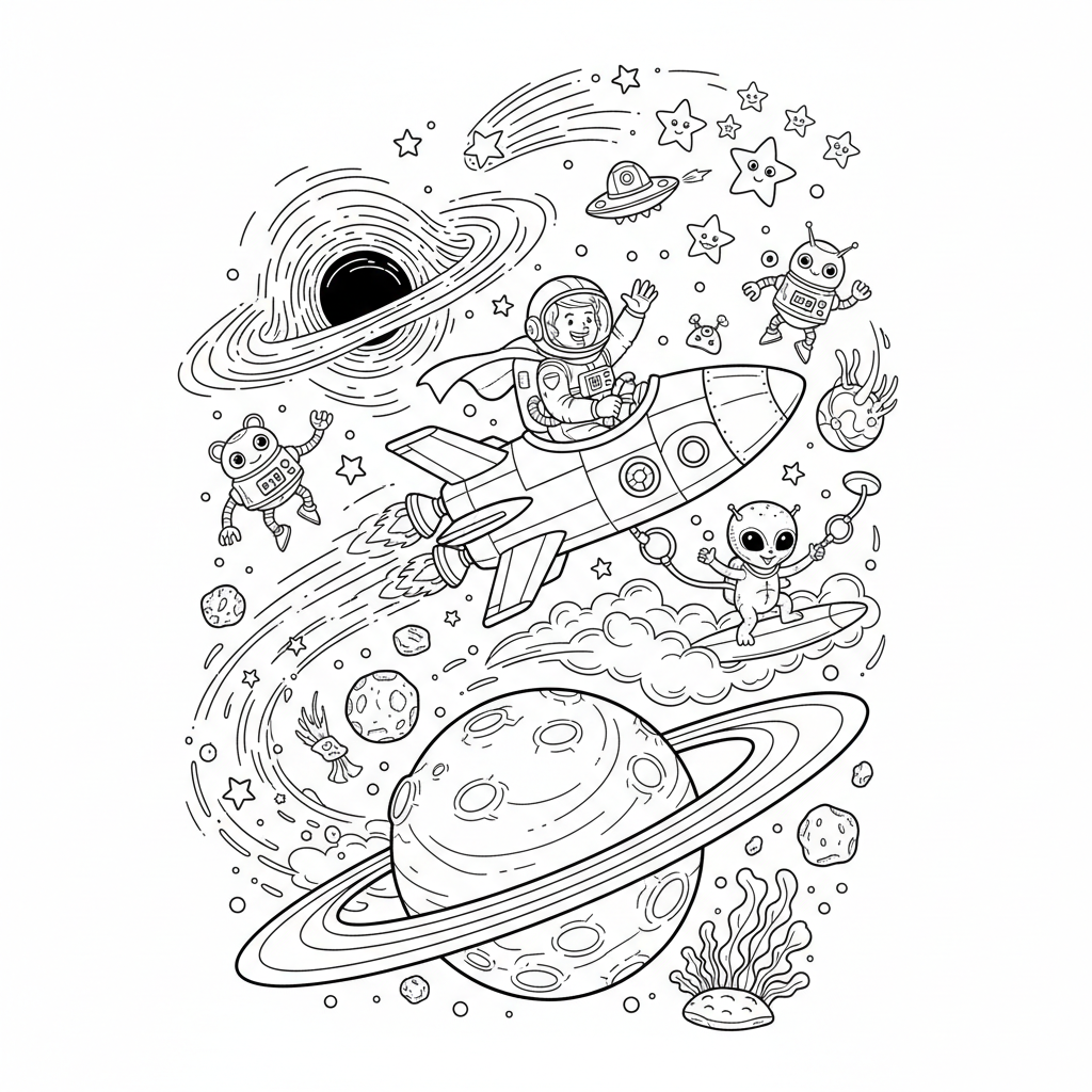 A space adventure scene with excitement and movement