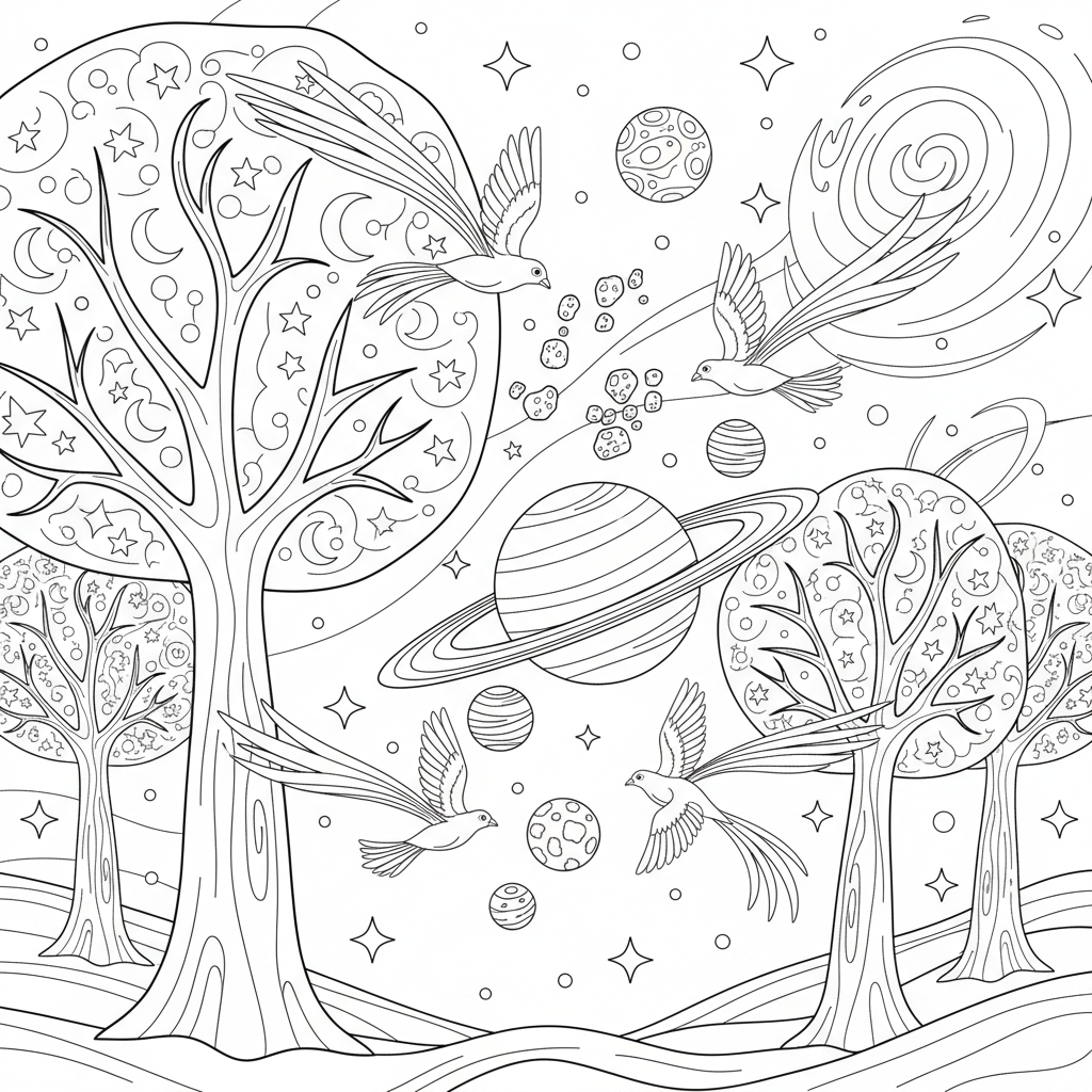 A peaceful space scene in nature with trees and birds