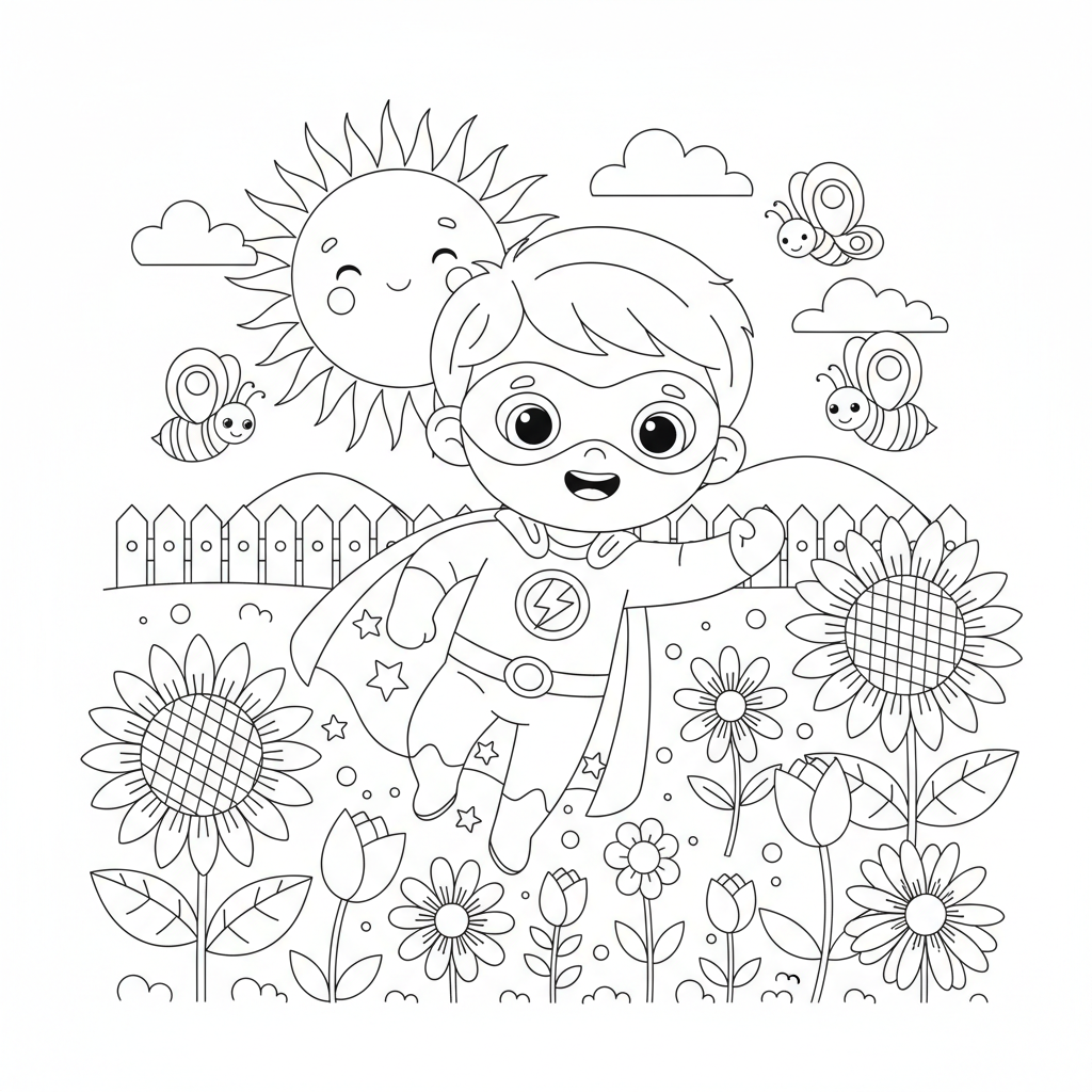 A cute superhero scene in a garden with flowers and sunshine