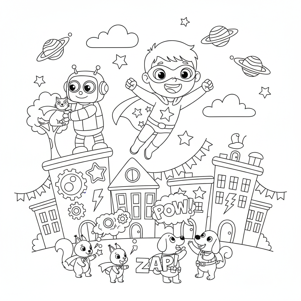 A playful superhero themed scene with fun details and decorations