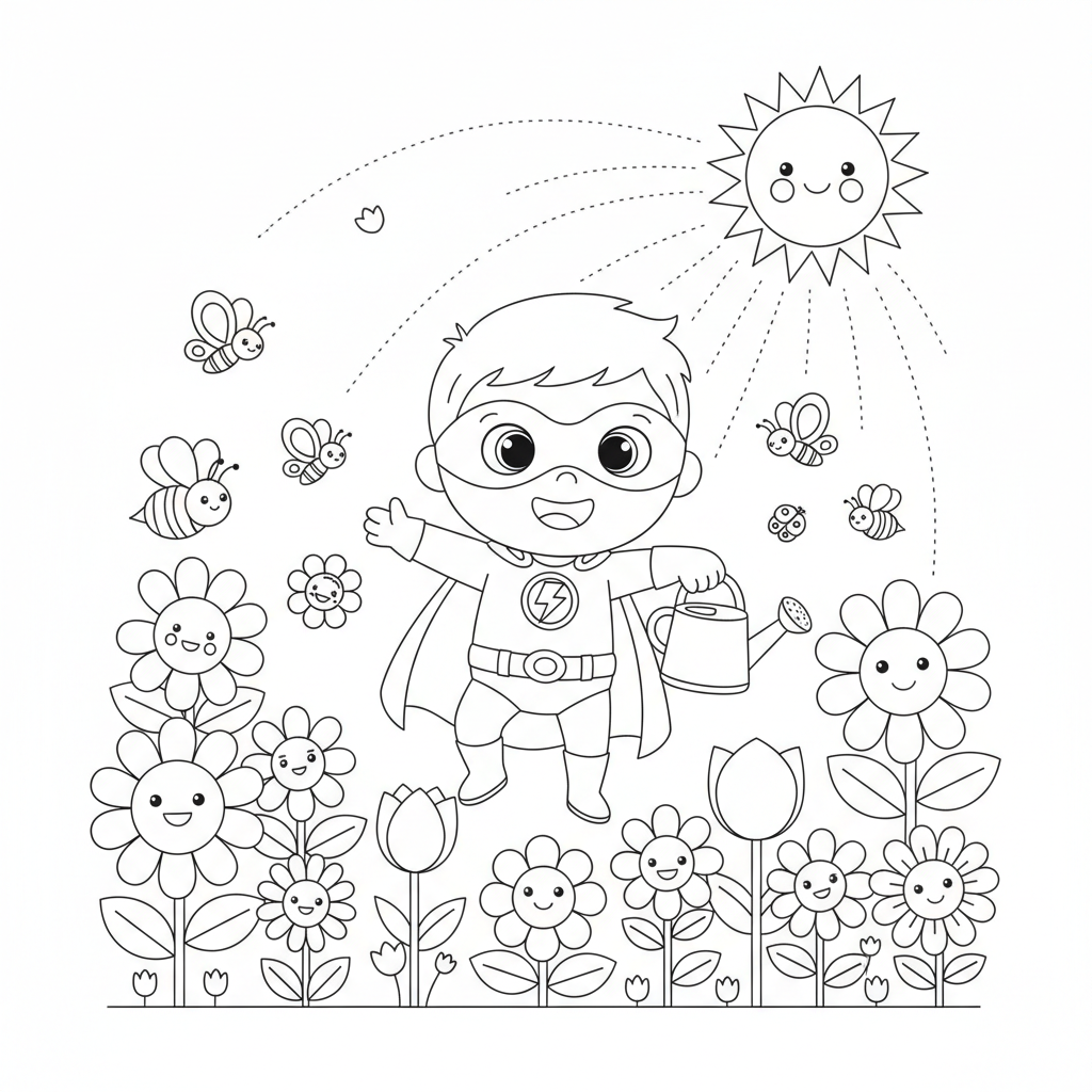A cute superhero scene in a garden with flowers and sunshine