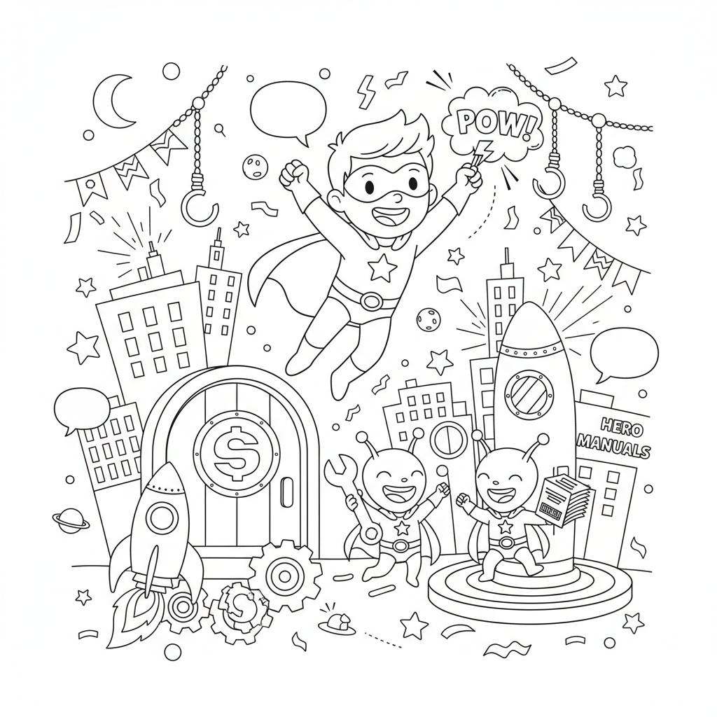 A playful superhero themed scene with fun details and decorations