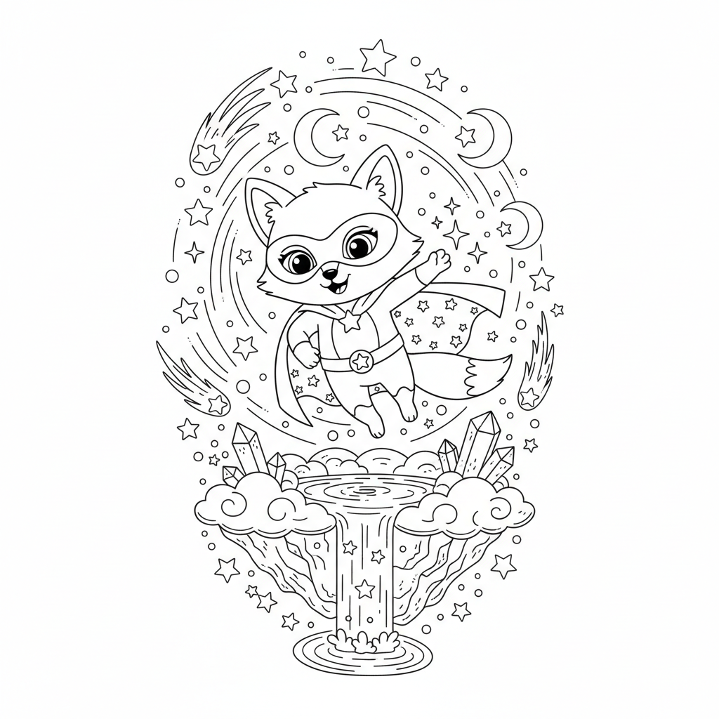 An adorable superhero character in a magical setting with stars