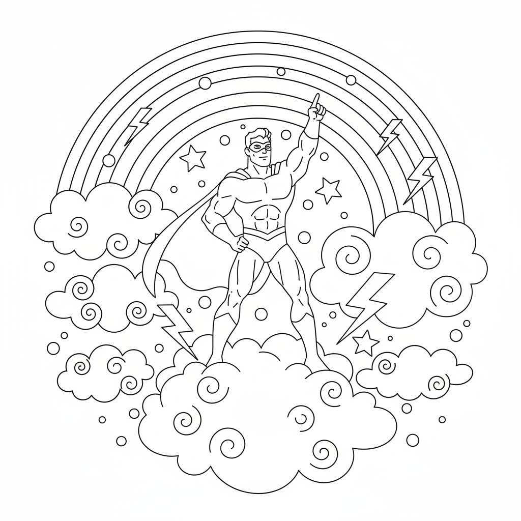 A superhero themed scene with a rainbow and clouds