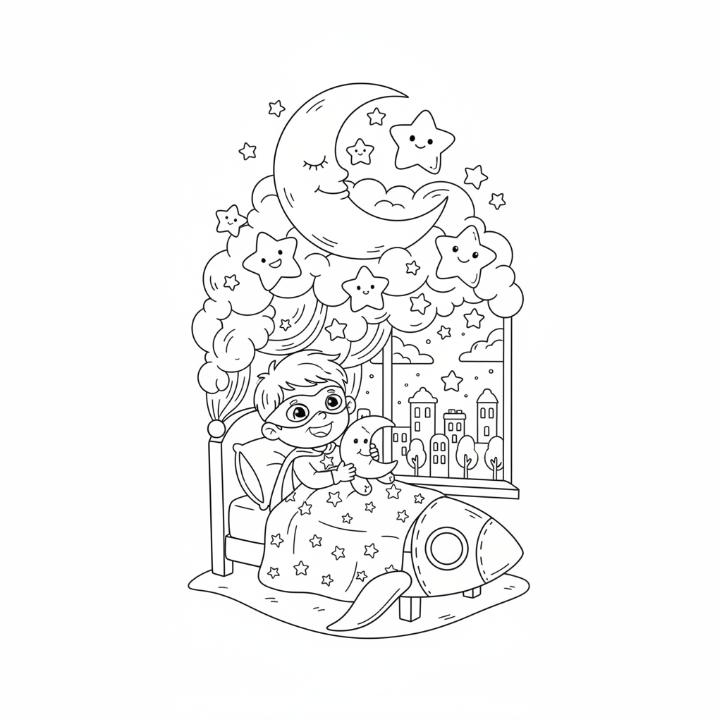 A cute superhero bedtime scene with moon and stars