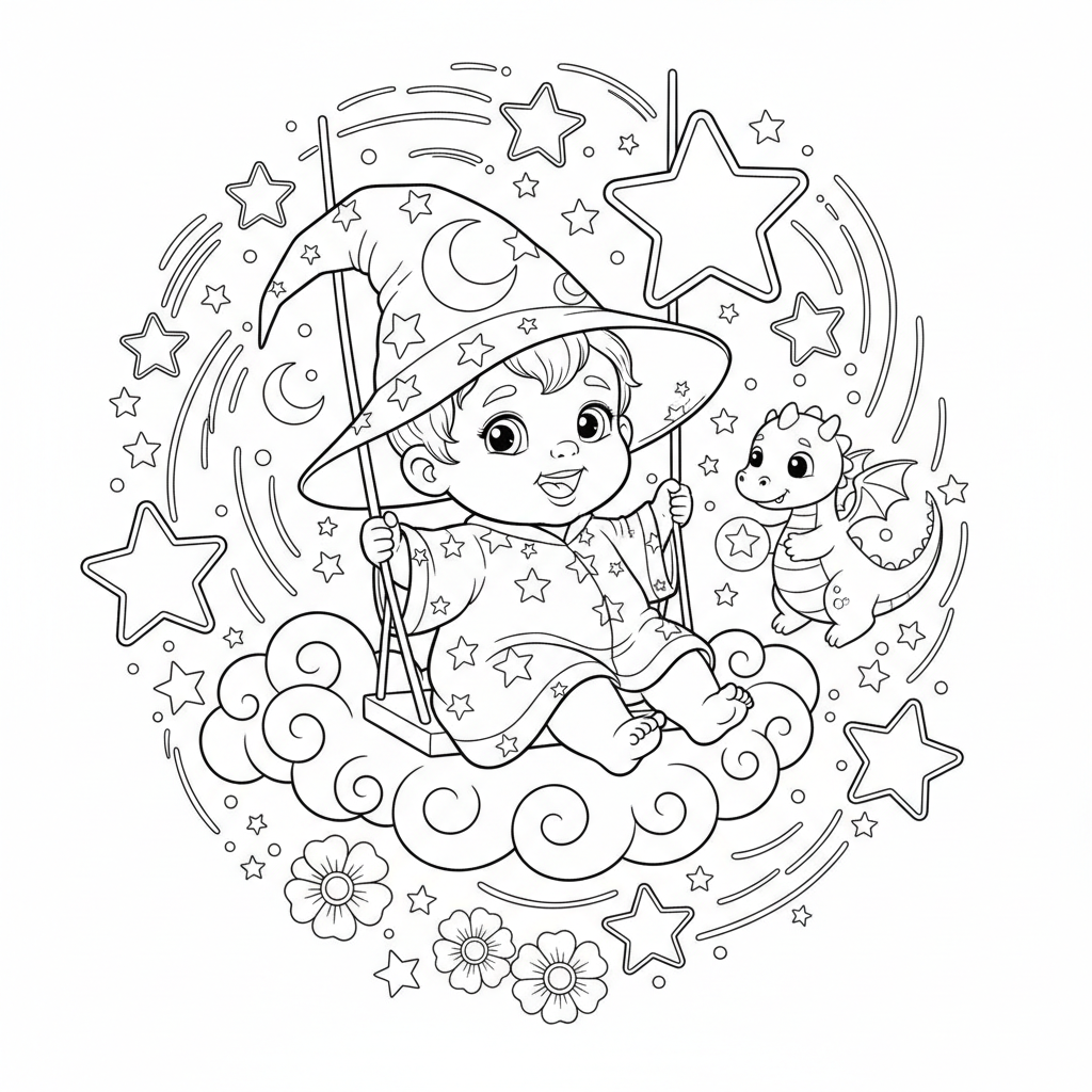 An adorable toddler character in a magical setting with stars