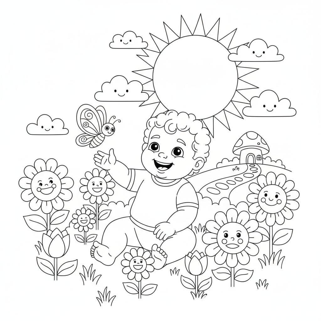 A cute toddler scene in a garden with flowers and sunshine