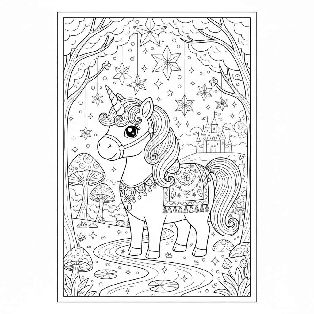 An adorable unicorn character in a magical setting with stars