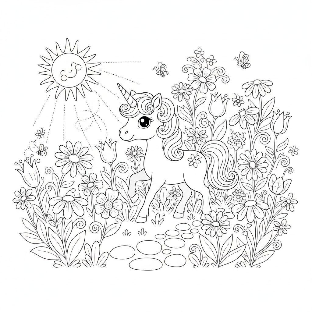 A cute unicorn scene in a garden with flowers and sunshine