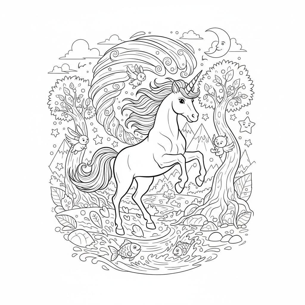 A unicorn adventure scene with excitement and movement