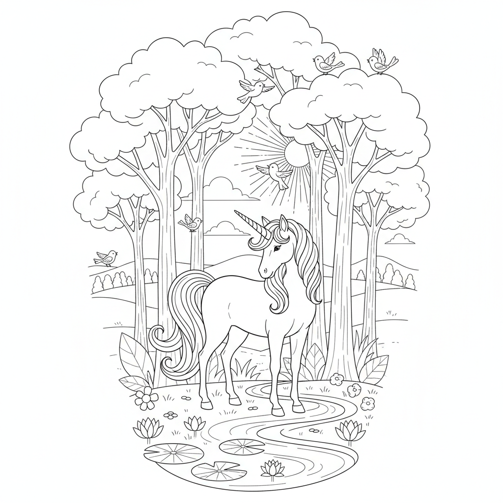 A peaceful unicorn scene in nature with trees and birds