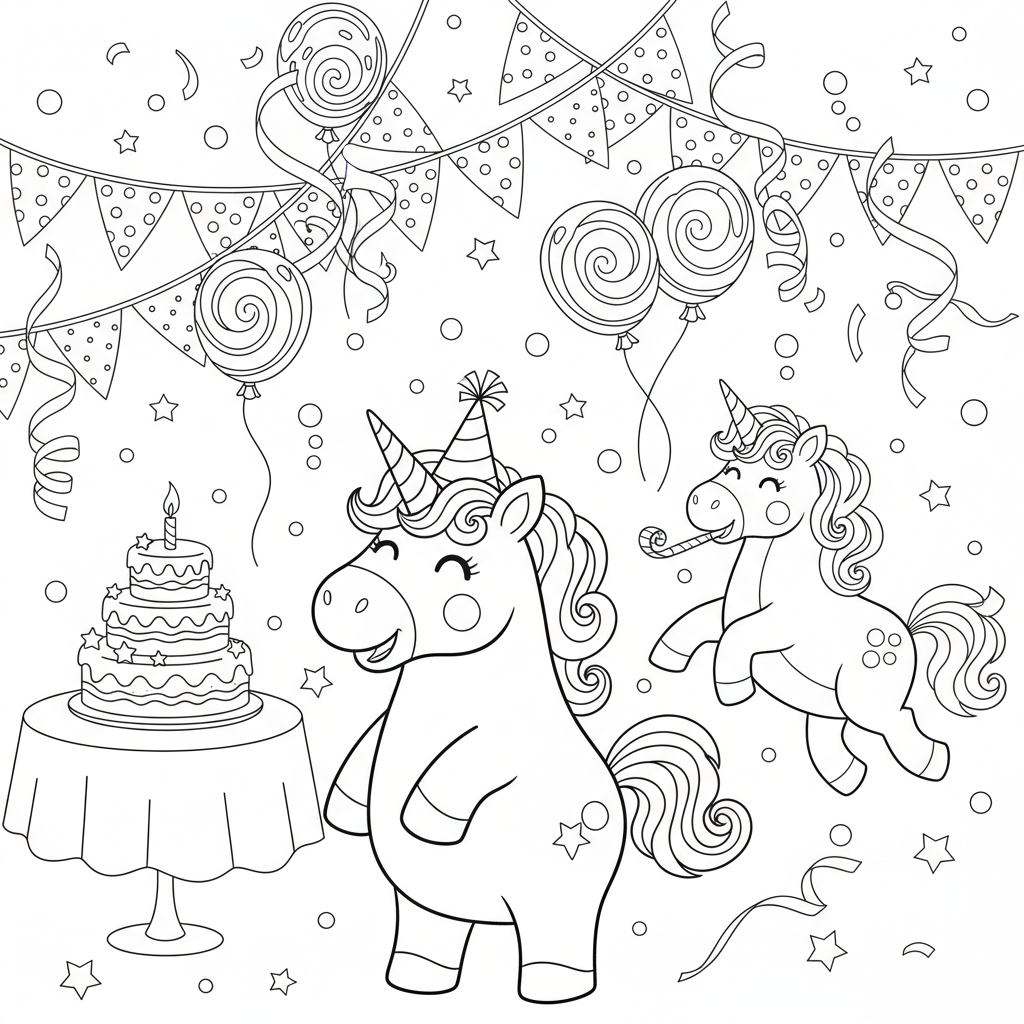 A fun unicorn party scene with balloons and streamers
