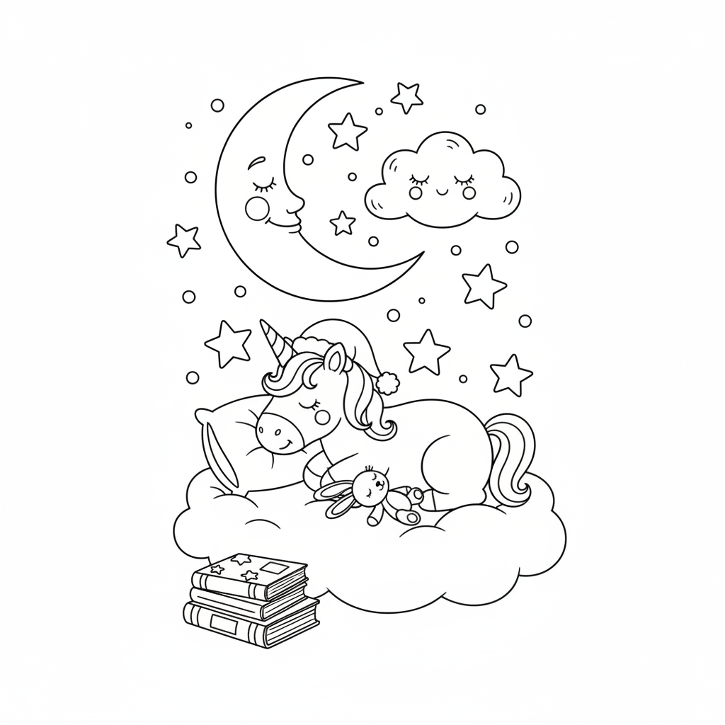 A cute unicorn bedtime scene with moon and stars