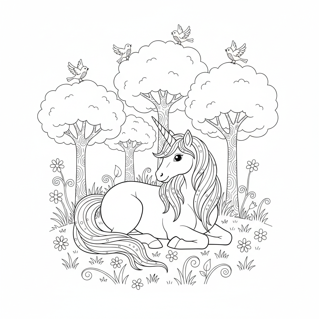 A peaceful unicorn scene in nature with trees and birds