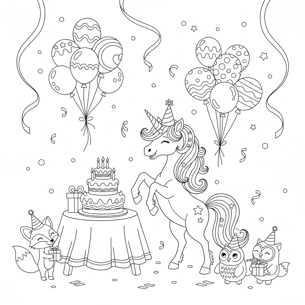 A fun unicorn party scene with balloons and streamers