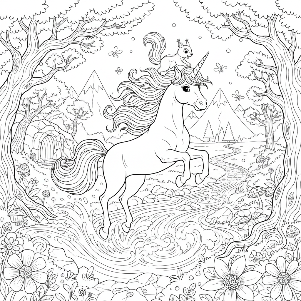 A unicorn adventure scene with excitement and movement