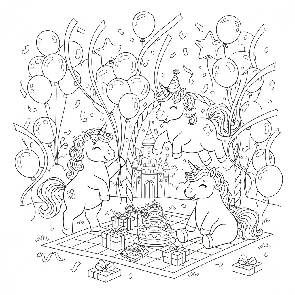 A fun unicorn party scene with balloons and streamers