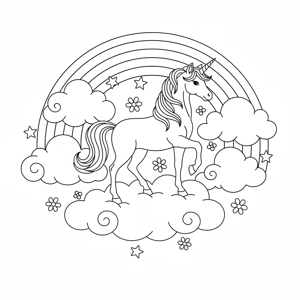A unicorn themed scene with a rainbow and clouds