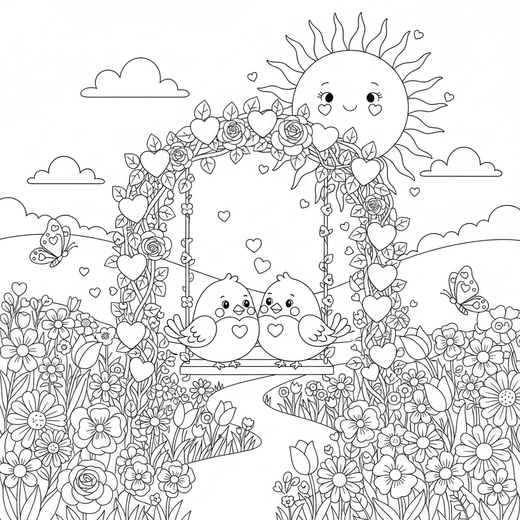 A cute valentine scene in a garden with flowers and sunshine